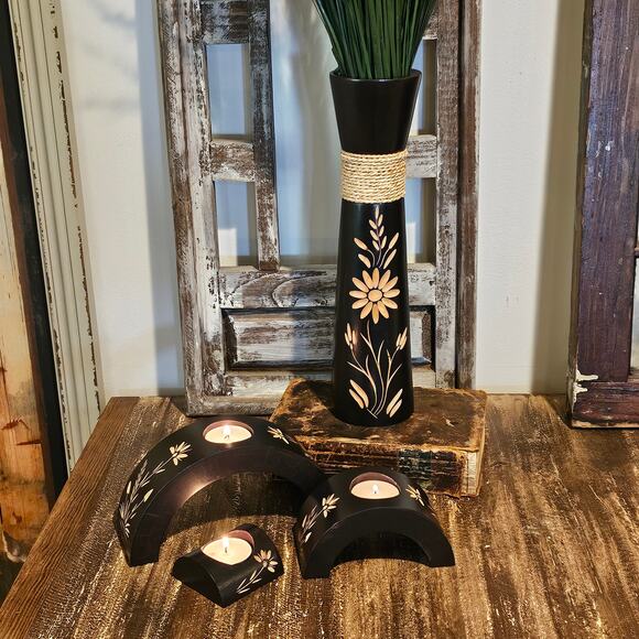 Boho Chic Hand Carved Wooden Vase with Floral Design and Jute Twine Accent - Picture 10 of 10